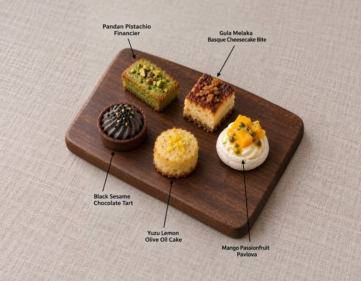 Sweets canapes on a wooden board, labelled Pandan Pistachio Financier and 4 more. Cuseho canape catering, Singapore