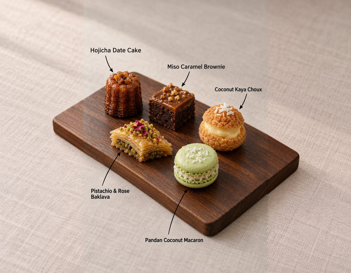 Sweets canapes on a wooden board, labelled Hojicha Date Cake and 4 more. Cuseho canape catering, Singapore