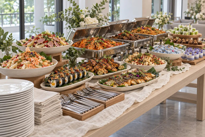 Modern Singapore Reimagined buffet line on stoneware and stainless, The Feast buffet. Cuseho buffet catering, Singapore