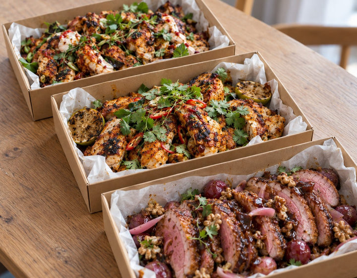 From The Field platters, Harissa Lemongrass Chicken, Ayam Percik Roasted Chicken, Smoked Duck with Tamarind & Fig. Cuseho mini buffet catering, Singapore