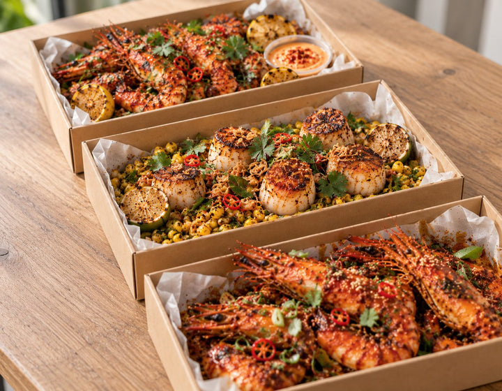 Shell & Sea platters, Harissa Tiger Prawns, Laksa Butter Pacific Scallops, Chilli Crab Roasted Prawns. Cuseho mini buffet catering, Singapore