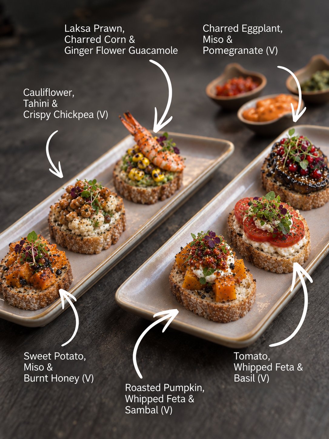 Crostini Bar selection, The Gathering Teabreak. Cuseho tea break catering, Singapore