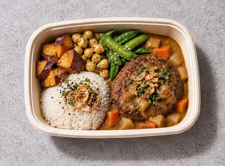 "Meat Zero" Hamburg with Japanese Curry with plant based meat patty, japanese curry, sweet potato. Cuseho bento catering, Singapore