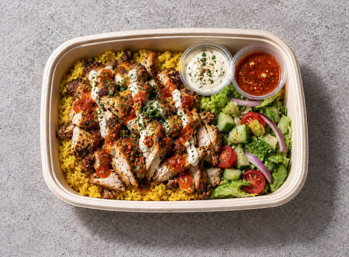 NYC Chicken Over Rice with middle eastern roasted chicken, tumeric pilaf rice, lettuce. Cuseho bento catering, Singapore