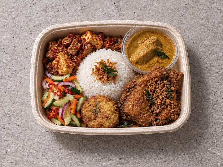 Signature Chicken Nasi Padang with fried chicken berempeh, steamed rice with curry, sambal tempeh & tahu. Cuseho bento catering, Singapore