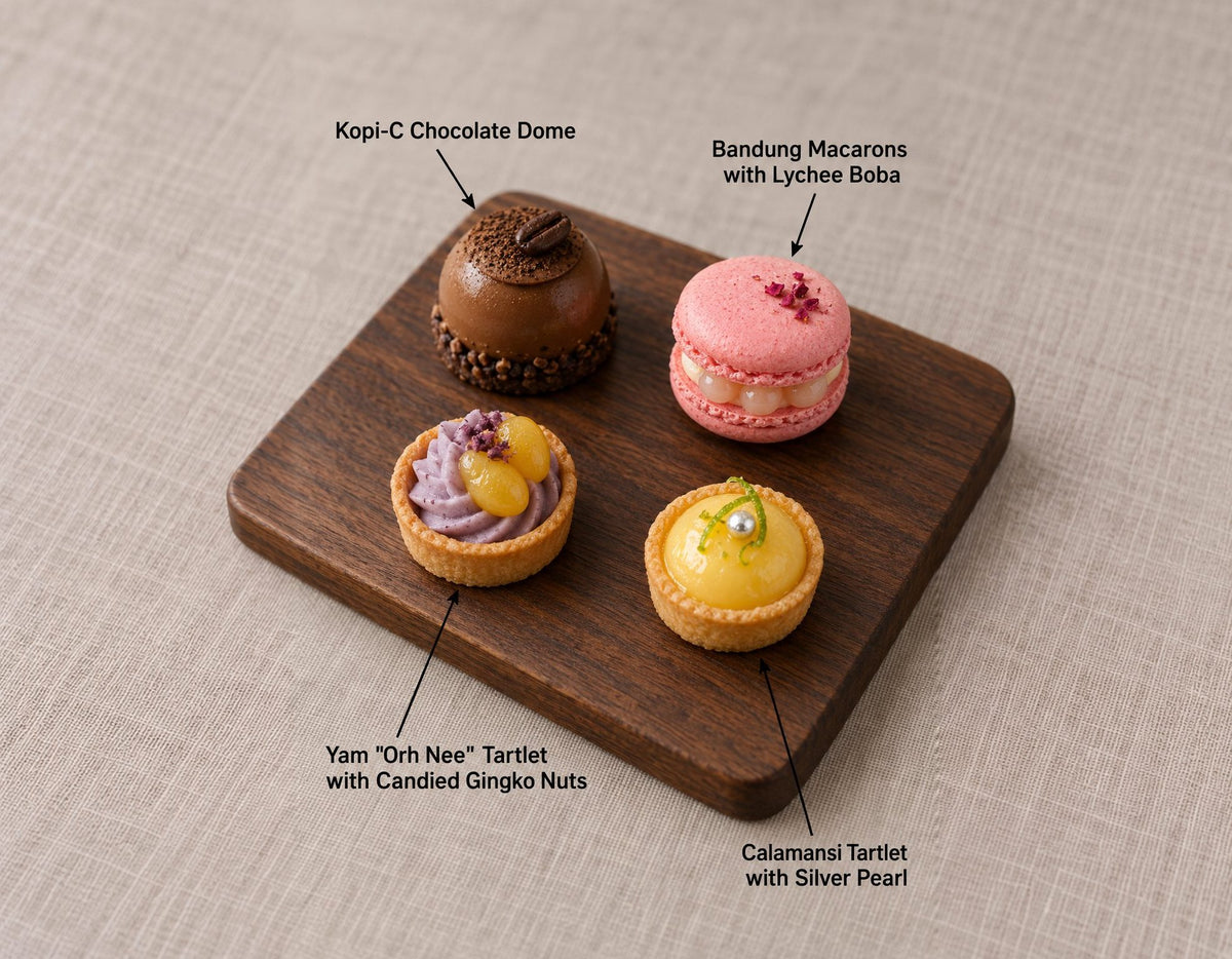 Sweets canapes on a wooden board, labelled Kopi-C Chocolate Dome and 3 more. Cuseho canape catering, Singapore