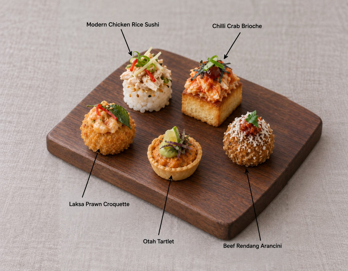 The Singapore Table canapes on a wooden board, labelled Modern Chicken Rice Sushi and 4 more. Cuseho canape catering, Singapore