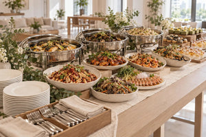 East Asian Table buffet line on stoneware and stainless, The Feast buffet. Cuseho buffet catering, Singapore