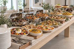 Mediterranean Harvest Table buffet line on stoneware and stainless, The Feast buffet. Cuseho buffet catering, Singapore