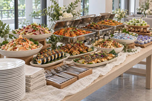 Modern Singapore Reimagined buffet line on stoneware and stainless, The Feast buffet. Cuseho buffet catering, Singapore