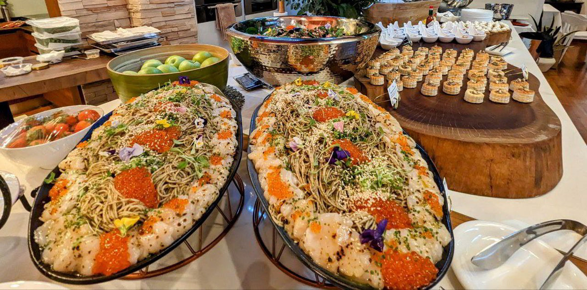 Soba noodle platters with seared scallops and ikura. Cuseho rice and noodle live station catering, Singapore