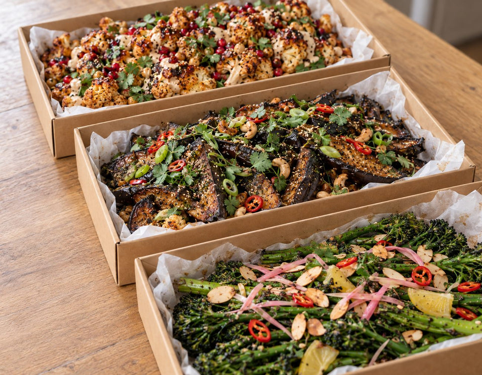 From The Garden platters, Sambal Tahini Roasted Cauliflower, Miso Glazed Eggplant, Charred Broccolini. Cuseho mini buffet catering, Singapore