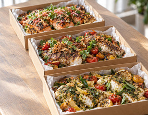 From The Sea platters, Miso Tamarind Norwegian Salmon, Sumac Assam Barramundi, Chermoula Halibut. Cuseho mini buffet catering, Singapore