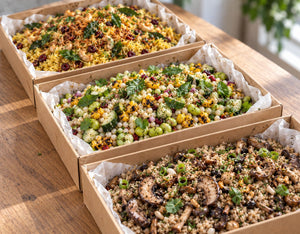 Grain & Rice platters, Turmeric Coconut Basmati, Laksa Leaf Pearl Couscous, Truffle Mushroom Brown Rice Pilaf. Cuseho mini buffet catering, Singapore