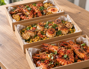 Shell & Sea platters, Harissa Tiger Prawns, Laksa Butter Pacific Scallops, Chilli Crab Roasted Prawns. Cuseho mini buffet catering, Singapore