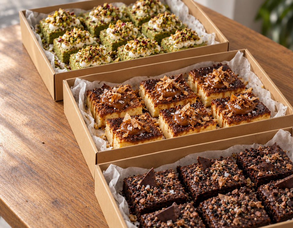 Sweet Ending platters, Pandan Pistachio Olive Oil Cake, Gula Melaka Basque Cheesecake, Dark Chocolate Miso Brownie. Cuseho mini buffet catering, Singapore