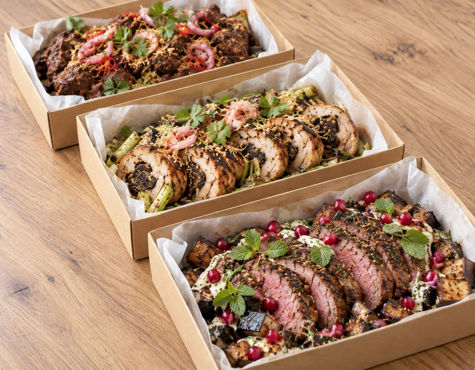 The Reserve platters, 36-Hour Beef Rendang Wagyu Cheek, Miso Buah Keluak Chicken Roulade, Harissa Grilled Lamb Shoulder. Cuseho mini buffet catering, Singapore