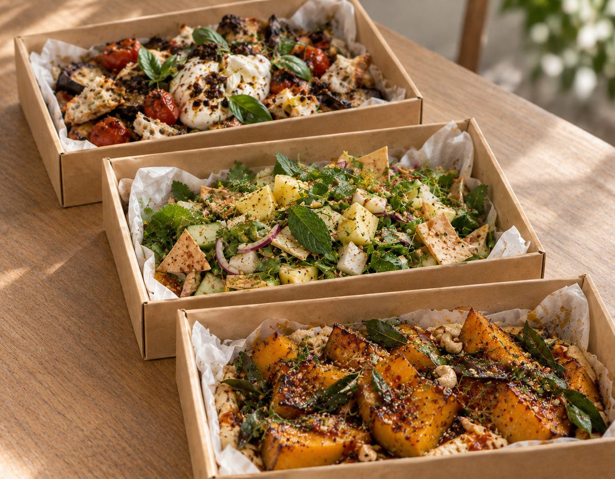 To Begin platters, White Rojak Fattoush, Roasted Pumpkin Hummus, Charred Eggplant & Burrata. Cuseho mini buffet catering, Singapore
