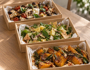 To Begin platters, White Rojak Fattoush, Roasted Pumpkin Hummus, Charred Eggplant & Burrata. Cuseho mini buffet catering, Singapore