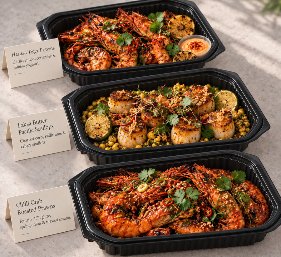 Shell & Sea platters of harissa tiger prawns, laksa butter scallops and chilli crab prawns. Cuseho mini buffet catering, Singapore