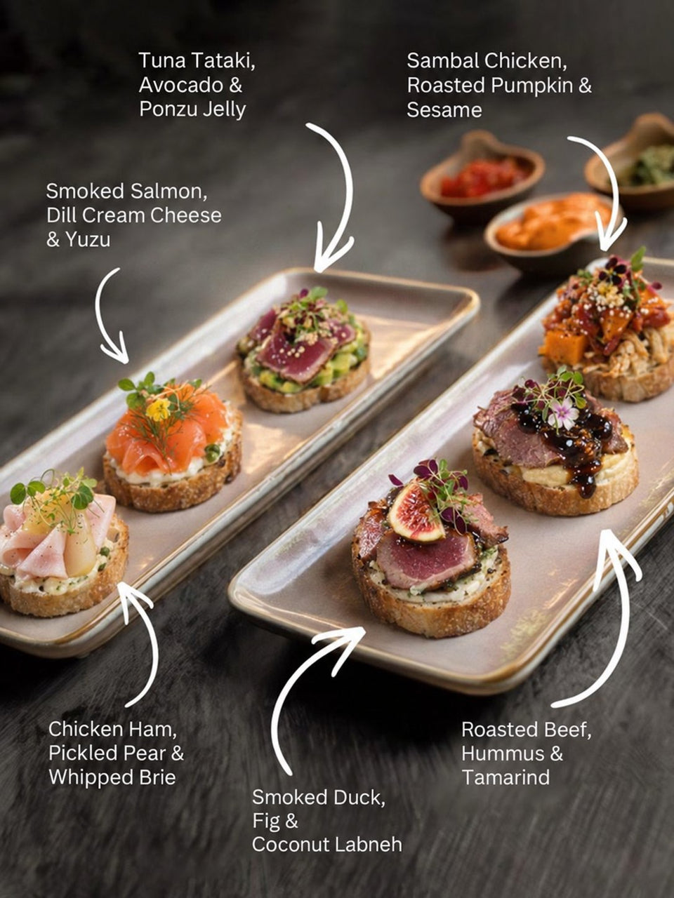 Crostini Bar selection, The Gathering Teabreak. Cuseho tea break catering, Singapore