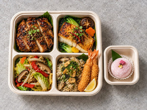 Flavours of Japan with grilled teriyaki chicken thigh, baked honey miso halibut fish, yasai itame - japanese stir fried vegetable. Cuseho bento catering, Singapore