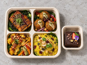 Garden & Grain with teriyaki tofu steak, harissa chickpea kofta, sambal tahini roasted cauliflower. Cuseho bento catering, Singapore