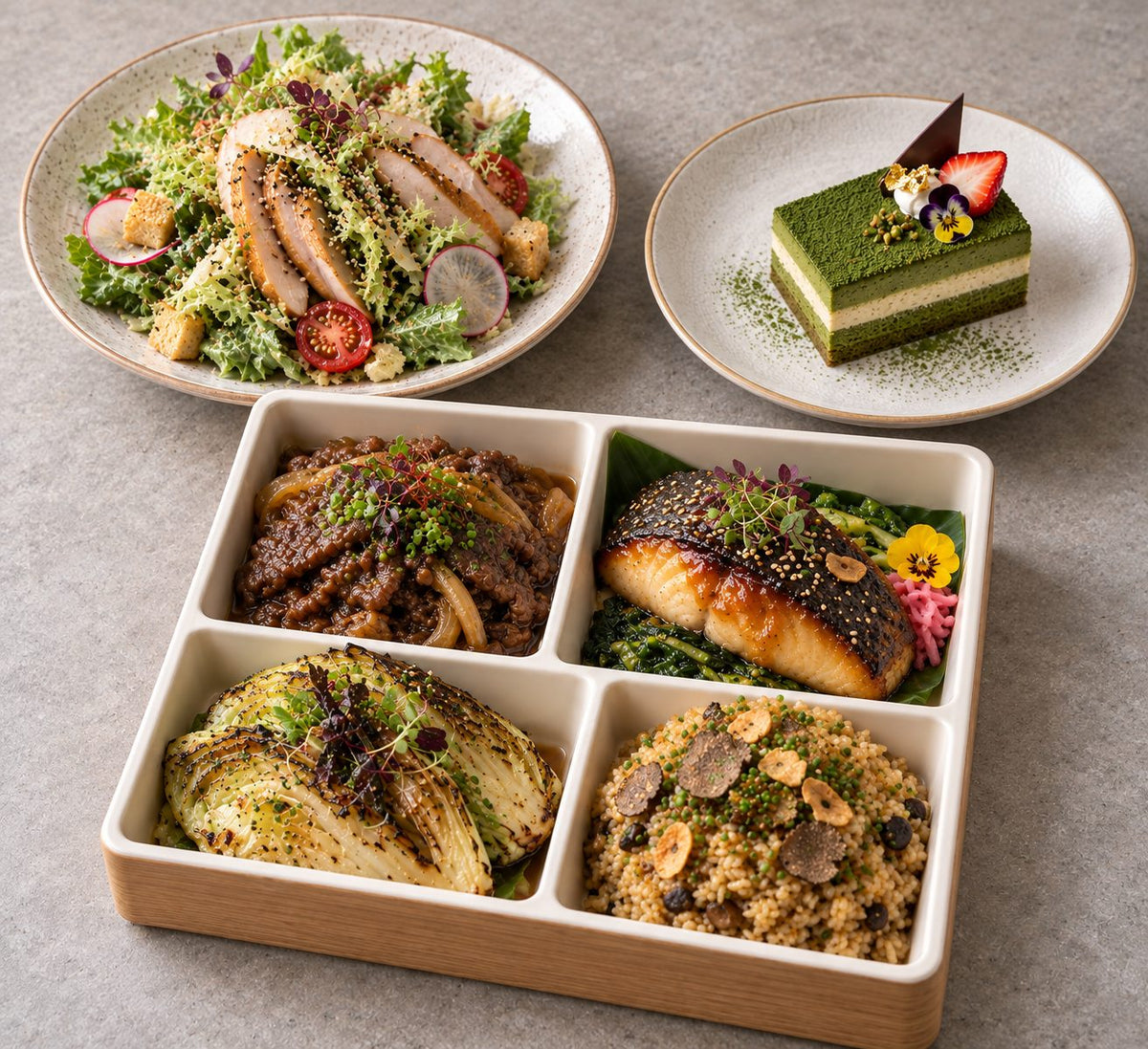 Japanese Indulgence with miso caesar salad with smoked chicken, f1 wagyu beef sukiyaki, honey miso black cod fish. Cuseho bento catering, Singapore
