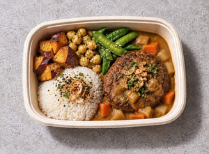 "Meat Zero" Hamburg with Japanese Curry with plant based meat patty, japanese curry, sweet potato. Cuseho bento catering, Singapore