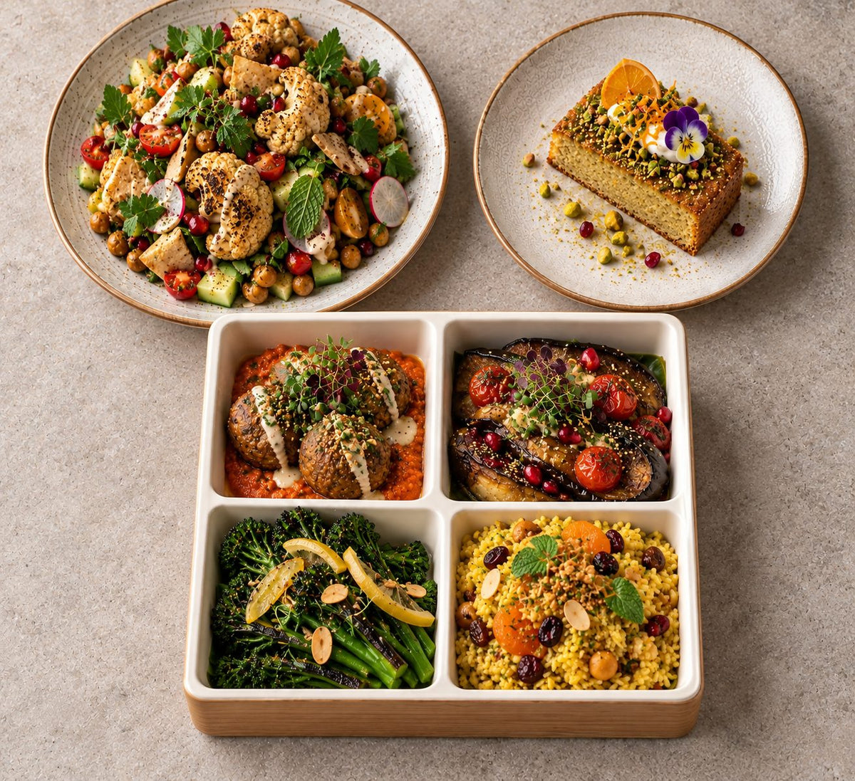 Mediterranean Harvest with roasted cauliflower & chickpea fattoush, harissa chickpea kofta with romesco & tahini, za’atar eggplant with tomato confit & pomegranate. Cuseho bento catering, Singapore