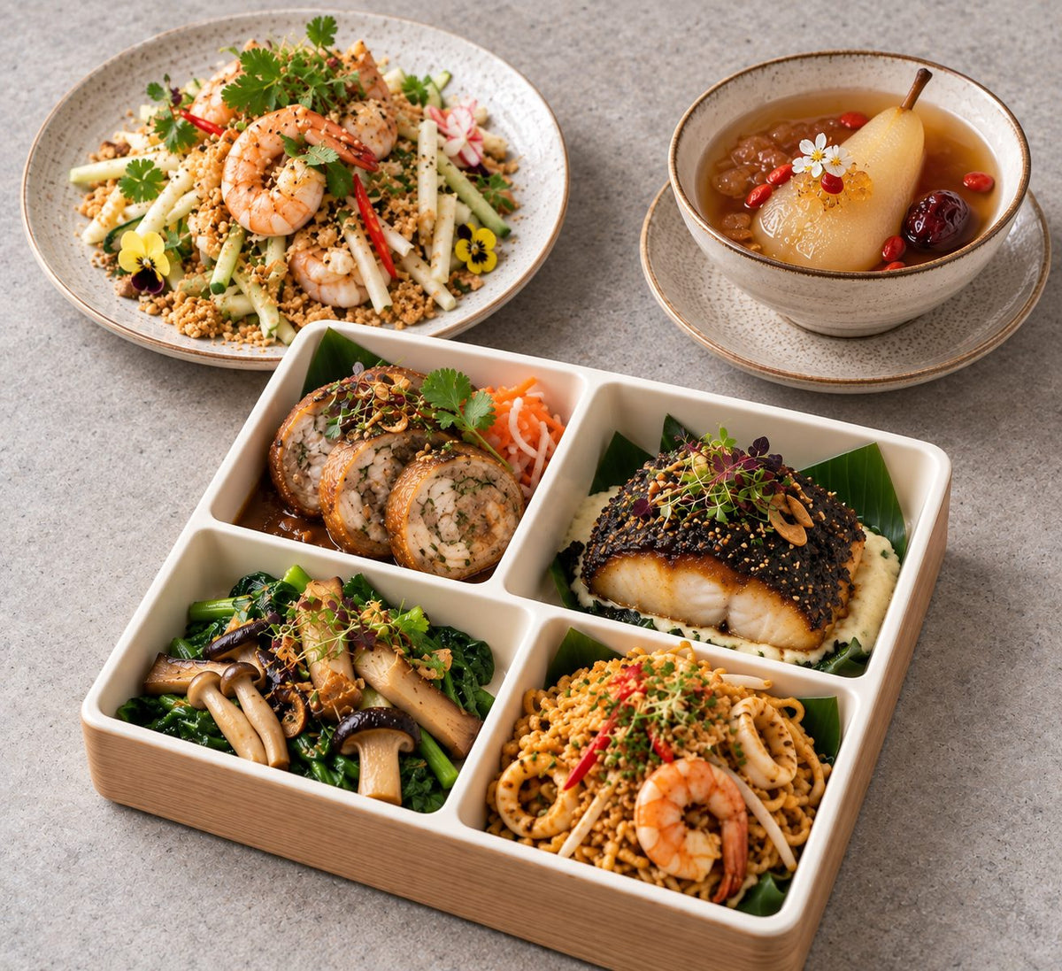 Modern Singapore with white rojak salad with prawns, ngoh hiang chicken roulade, buah keluak tapenade cod. Cuseho bento catering, Singapore