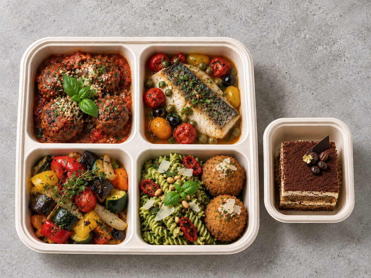 Nonna's Table with angus beef meatball with pomodoro sauce, barramundi acqua pazza, provençal vegetable ciambotta. Cuseho bento catering, Singapore