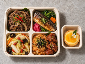 Omma's Kitchen with korean beef bulgogi, grilled mackerel with garlic soy glaze, napa cabbage with goji berries. Cuseho bento catering, Singapore