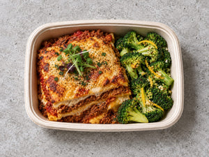 Plant Based "Meat Zero" Lasagna Gratin with pomodoro sauce, vegan bechamel, citrus garlic broccoli. Cuseho bento catering, Singapore