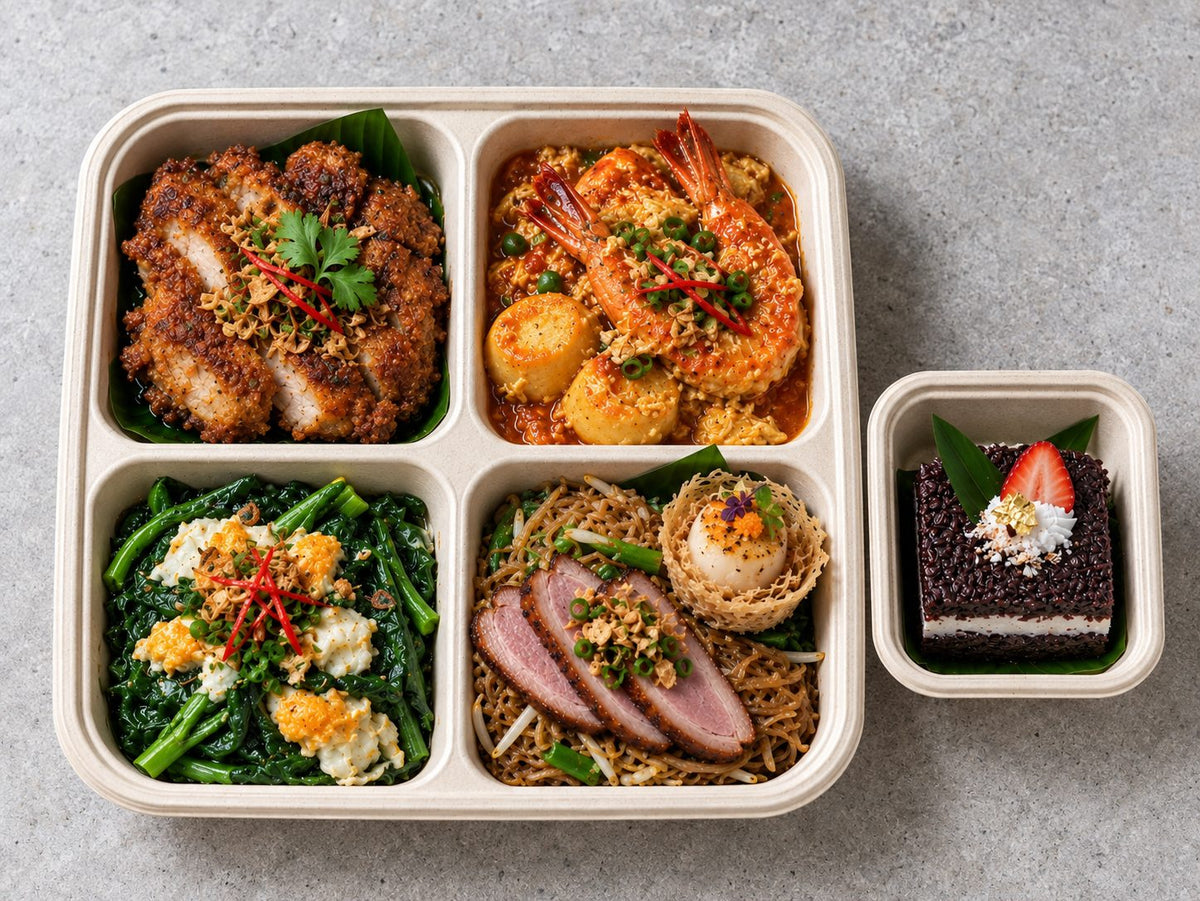 Shiok Singapore with har cheong gai chicken cutlet, tiger prawn & egg tofu with chili crab sauce, chinese spinach with trio egg sauce. Cuseho bento catering, Singapore