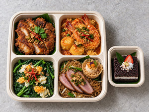 Shiok Singapore with har cheong gai chicken cutlet, tiger prawn & egg tofu with chili crab sauce, chinese spinach with trio egg sauce. Cuseho bento catering, Singapore