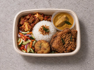 Signature Chicken Nasi Padang with fried chicken berempeh, steamed rice with curry, sambal tempeh & tahu. Cuseho bento catering, Singapore