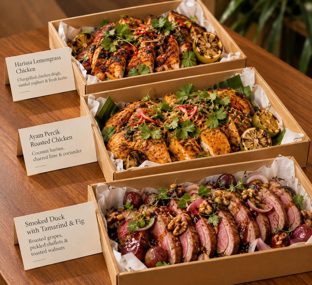 Ayam percik, harissa chicken and smoked duck sharing platters in kraft boxes on a wooden table. Cuseho mini buffet catering, Singapore